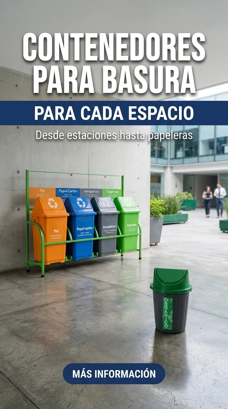 Contenedores para basura Europlast para cada espacio: estación de separación de residuos de cuatro colores en un patio, con un bote verde en primer plano