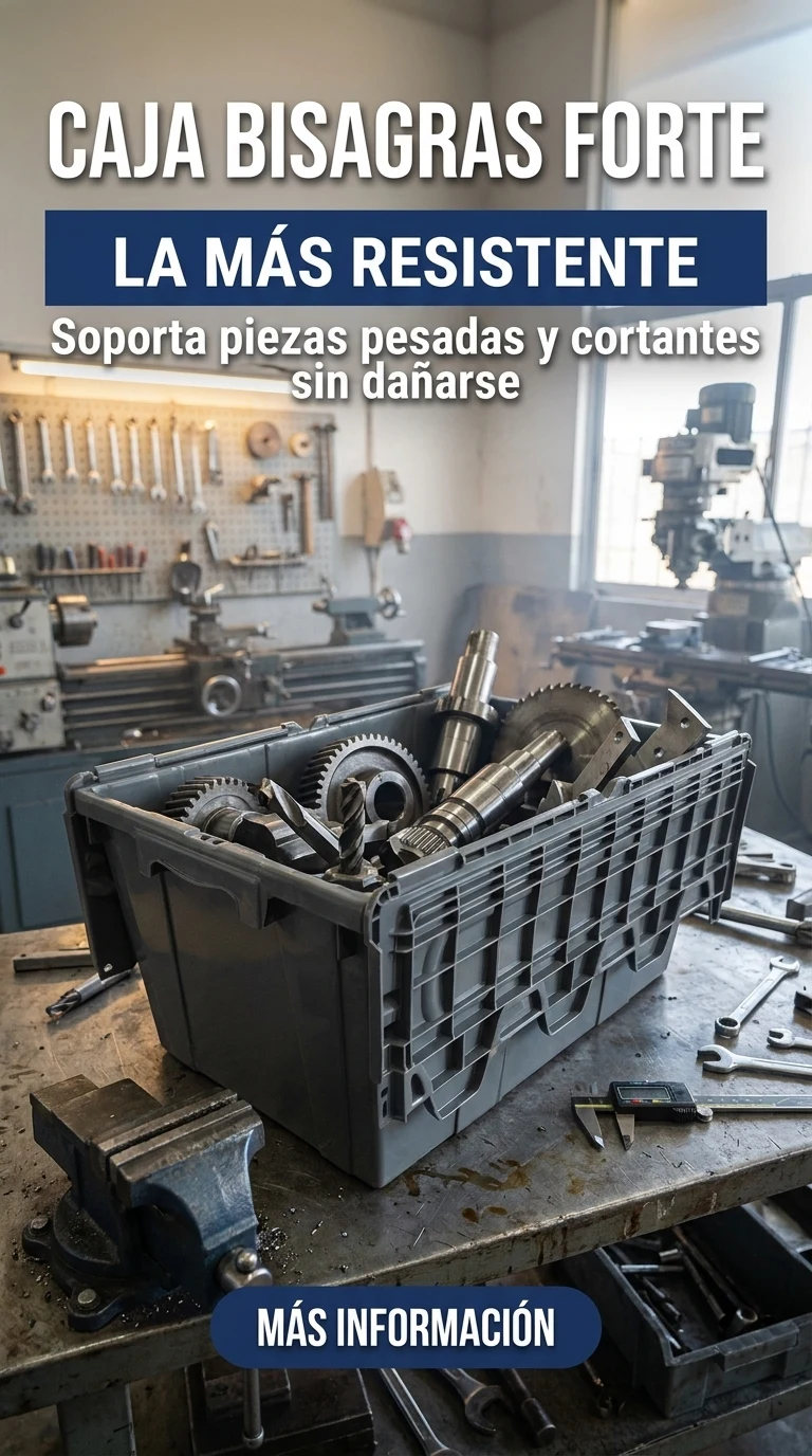 Caja Tapa de Bisagras Forte, la más resistente: caja de plástico gris cargada con herramienta y piezas metálicas pesadas sobre un banco de taller