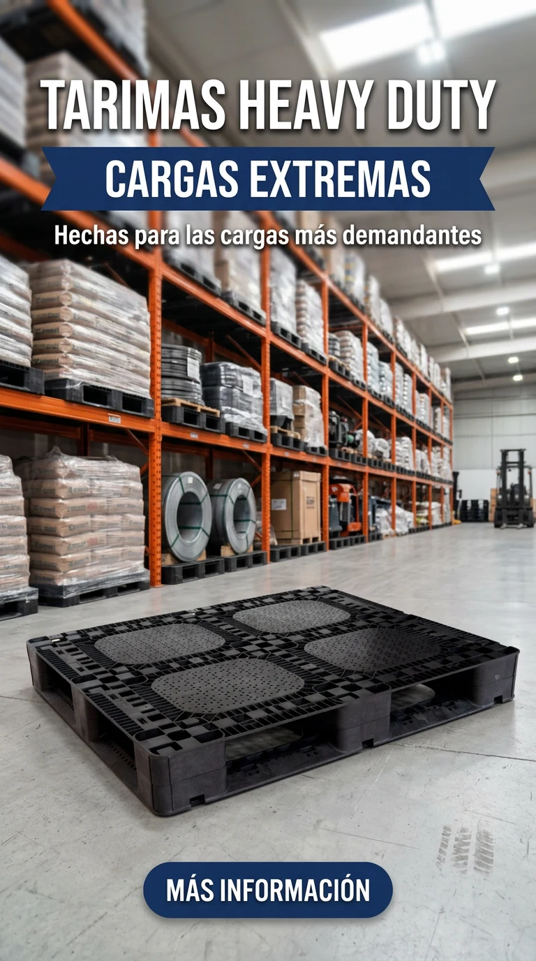 Tarimas Heavy Duty para cargas extremas: tarima de plástico negra frente a un rack de almacén cargado