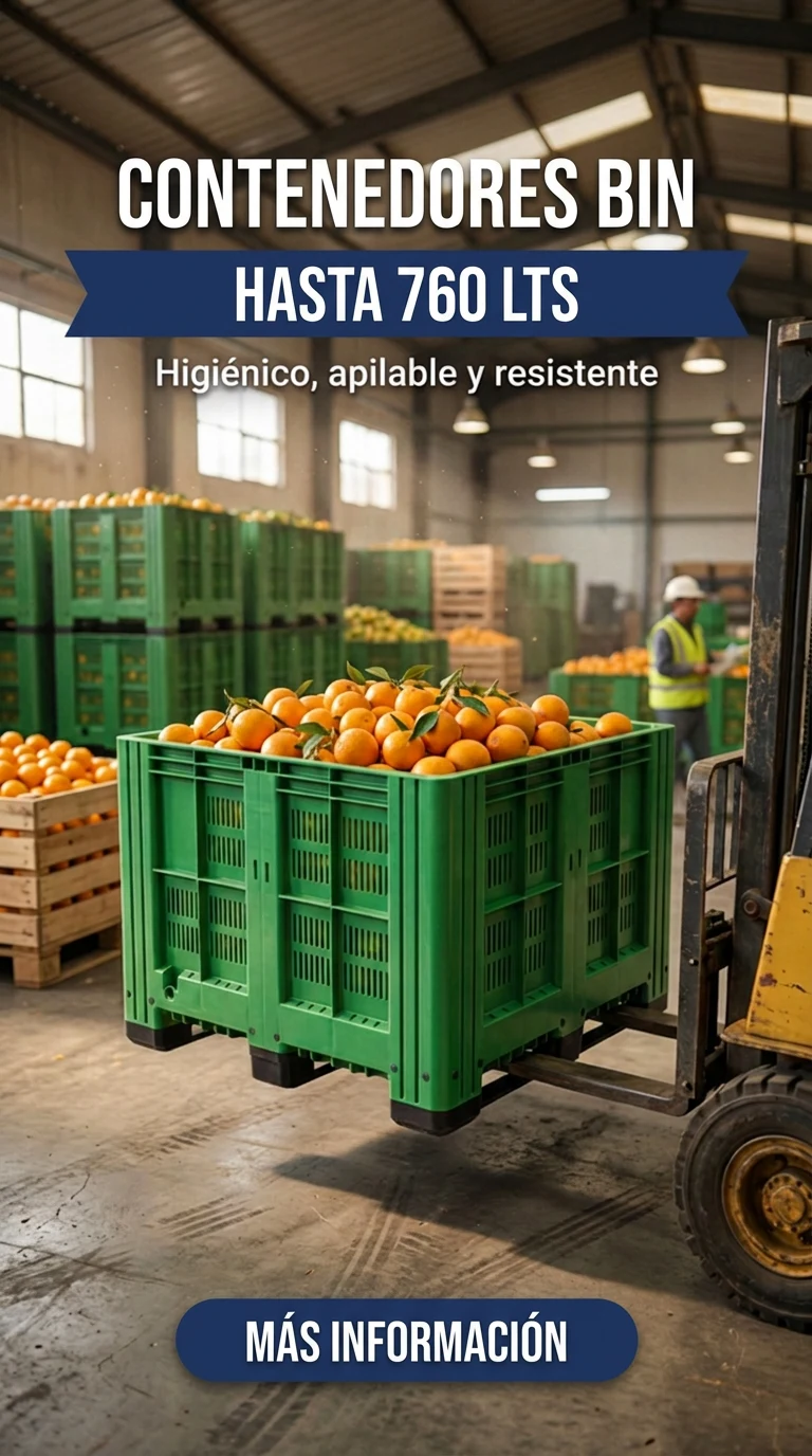 Contenedores Bin de hasta 760 litros: bin verde lleno de naranjas movido con montacargas en una bodega de empaque