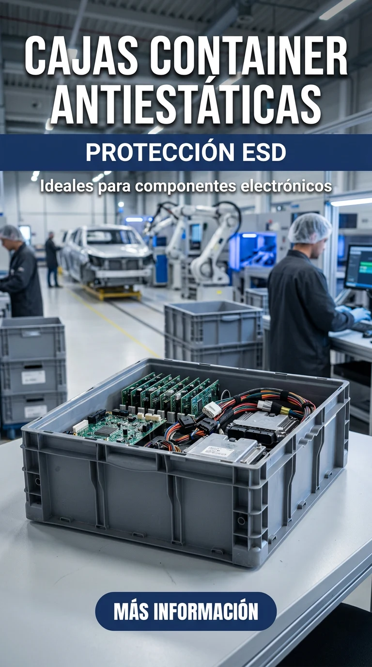 Cajas Container antiestáticas con protección ESD: caja gris con tarjetas electrónicas dentro, en una línea de ensamble automotriz