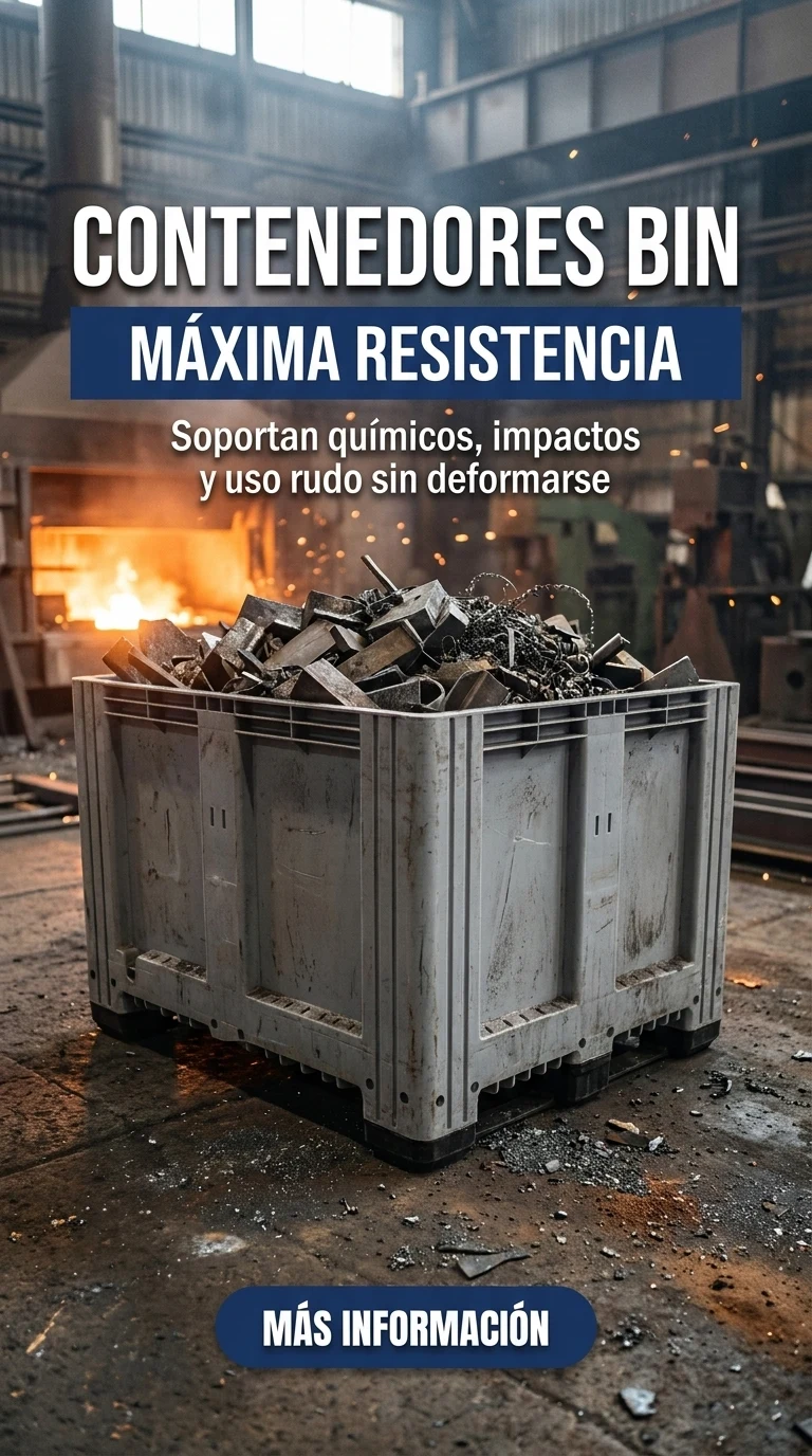 Contenedores Bin de máxima resistencia: bin gris cargado de rebaba metálica en una nave de fundición