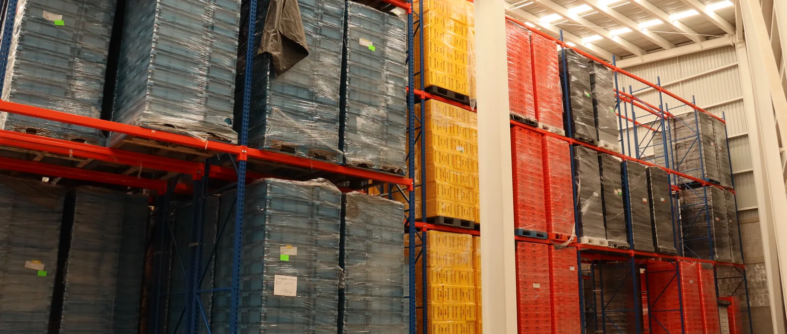 Almacén de Europlast con racks de cajas de plástico estibadas en tarimas