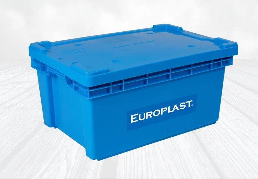 Caja azul con tapa y el logo Europlast aplicado por transferencia térmica