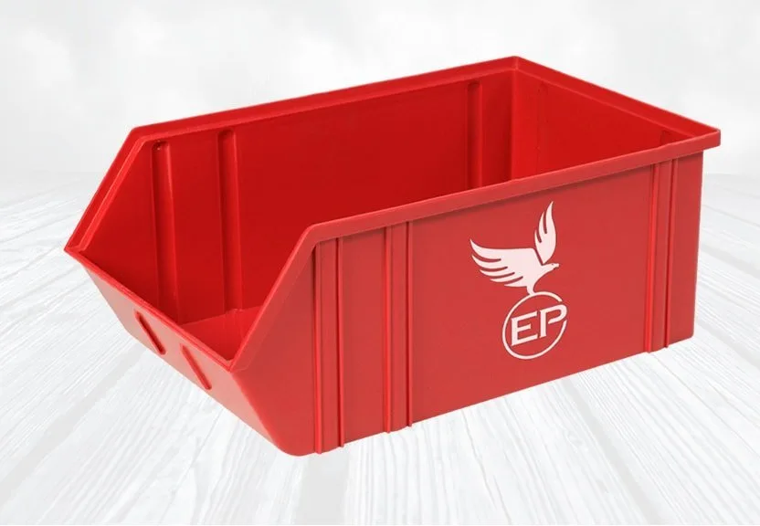 Gaveta roja con el logo Europlast marcado en blanco por hot stamping