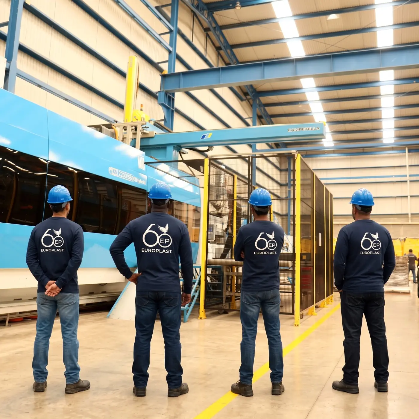 Cuatro colaboradores de Europlast frente a una máquina de inyección, con la playera del 60 aniversario